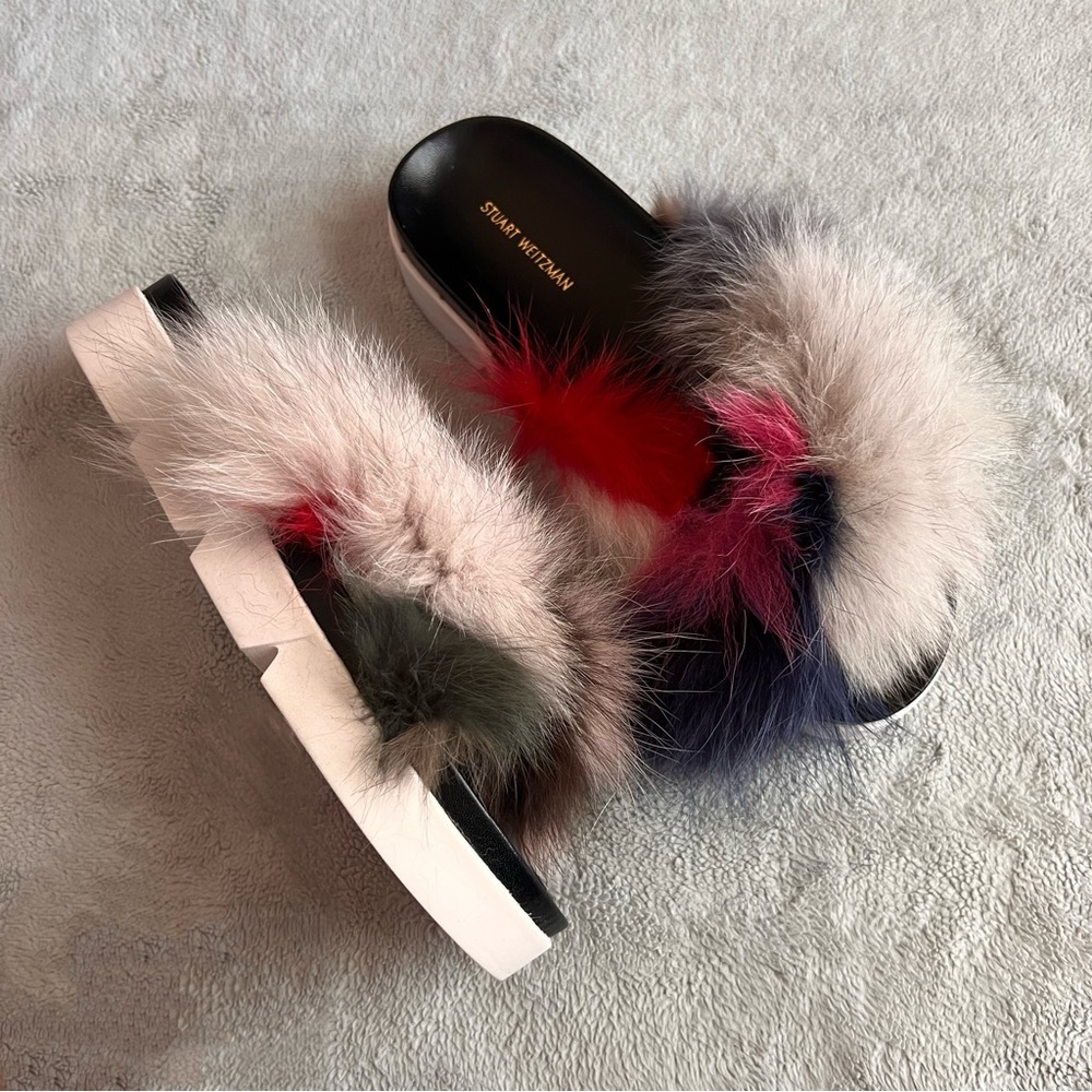 Stuart Weitzman Sublime Flat Fox Fur Leather Slide Sandal Carnival Furmania 8.5